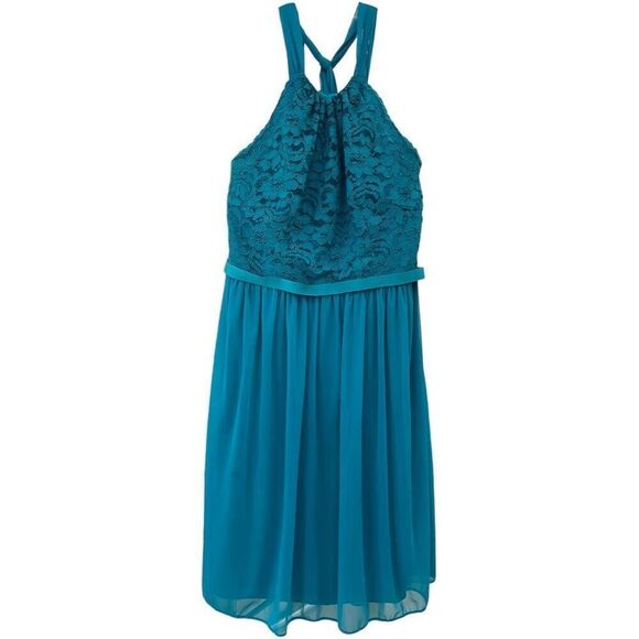 David's Bridal Mini Dress Size 10 Teal Oasis Fi7020 Halter Neck tie Mini - Picture 1 of 9